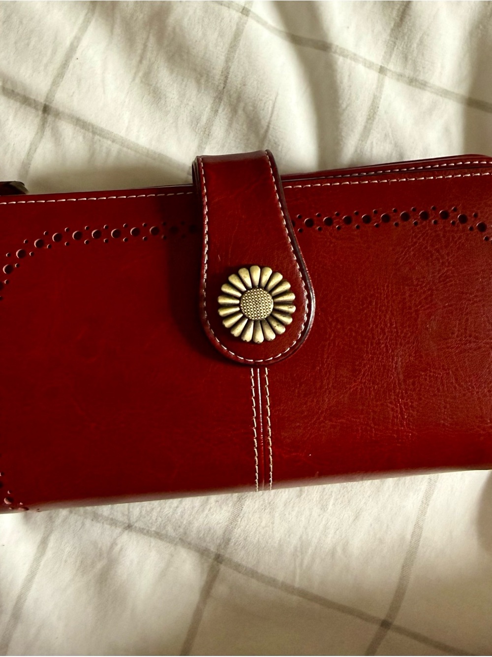 Women's Red Leather Wallet with Floral Button Closure